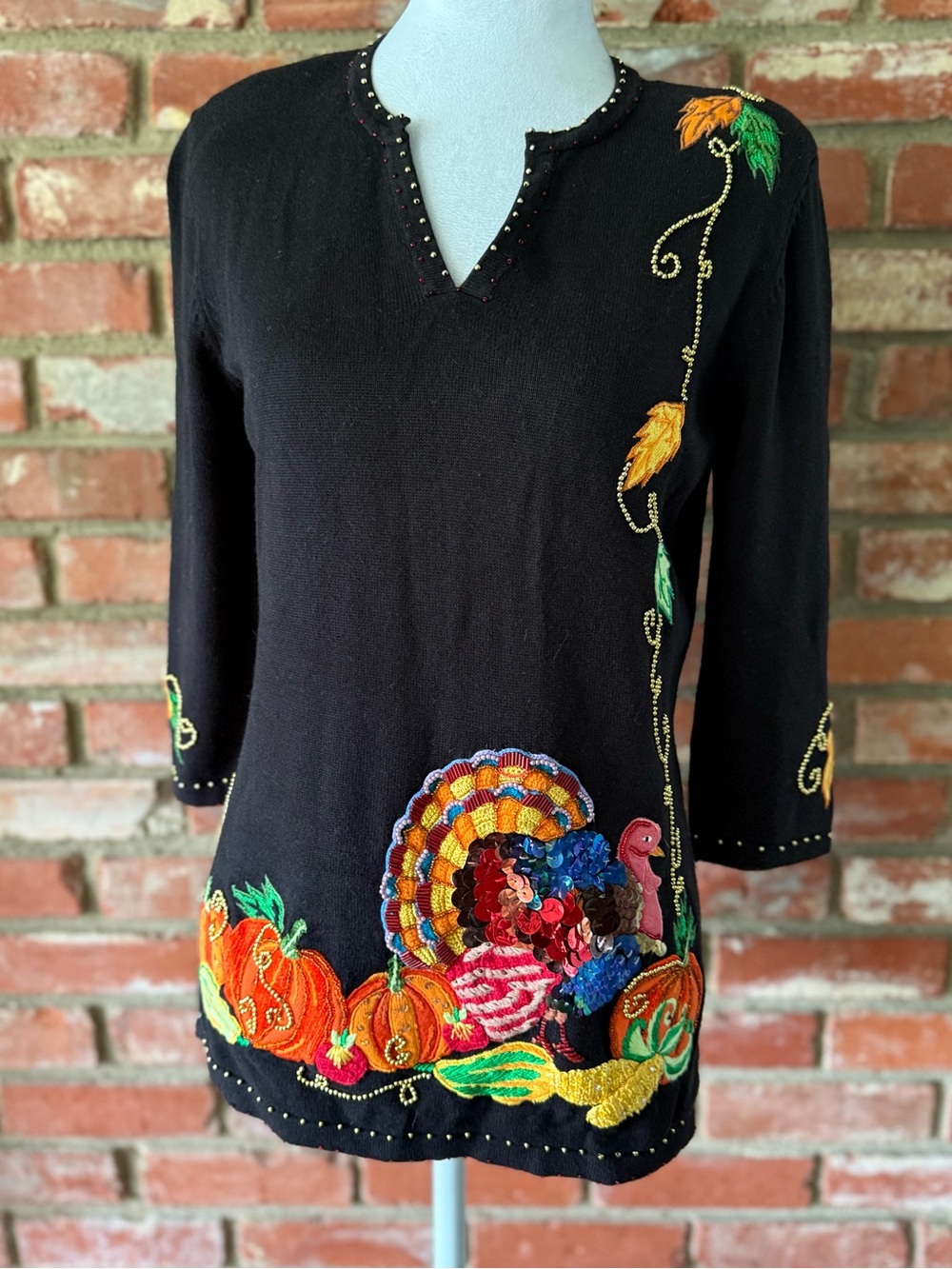 Vintage Berek Sequin Turkey Pumpkin Thanksgiving Beaded Sweater Top